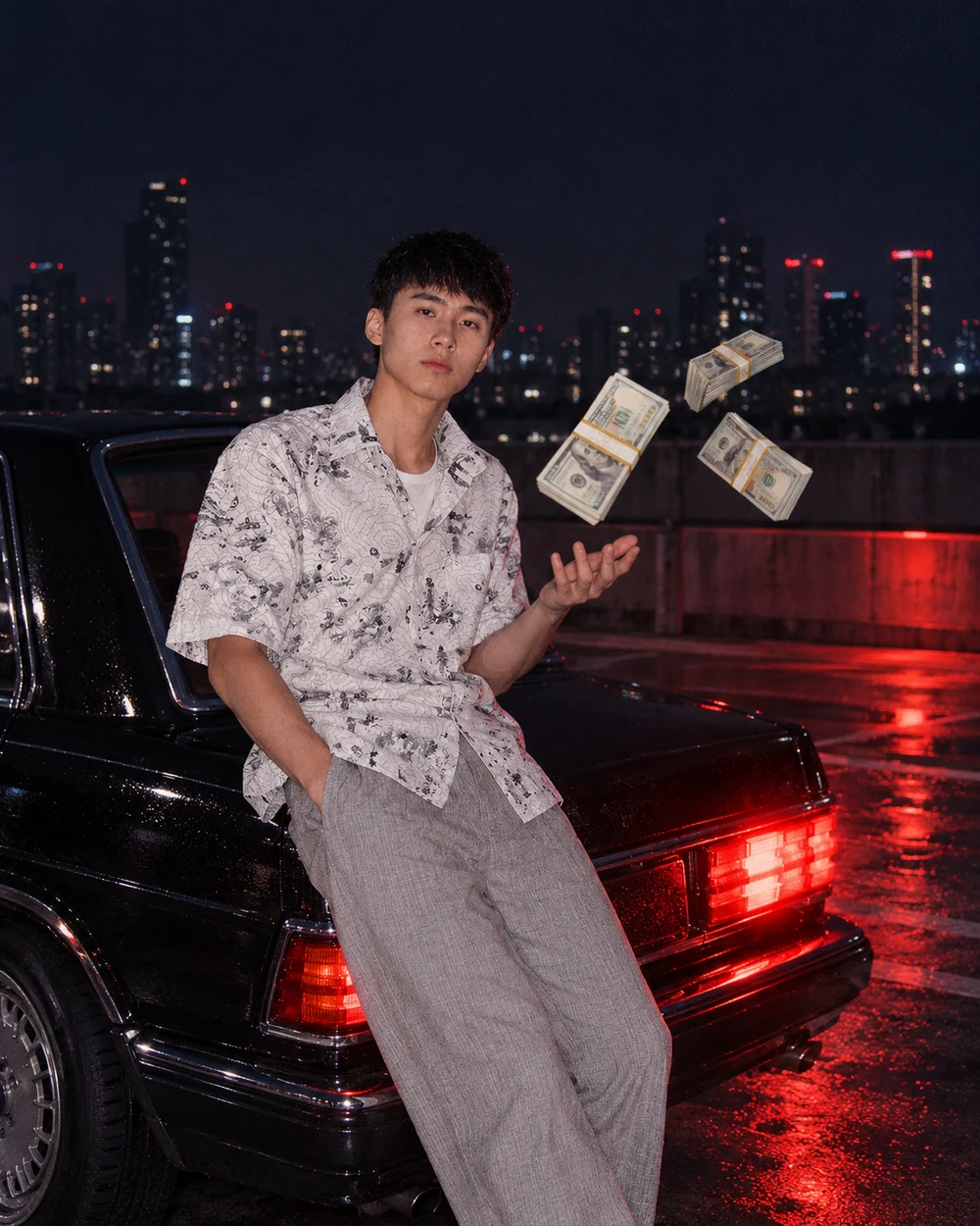 Kimchi Aura beside a vintage car under the night sky