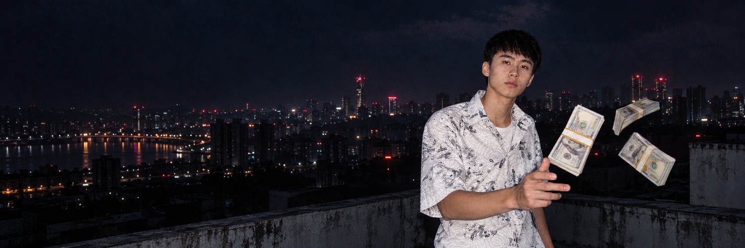 The Kimchi Aura character on a night rooftop with money suspended in the air