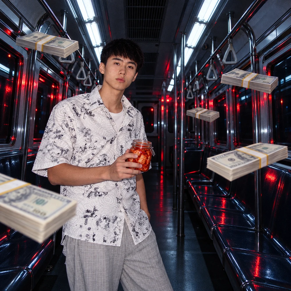 Kimchi Aura in a subway carriage with a kimchi jar and floating banknotes