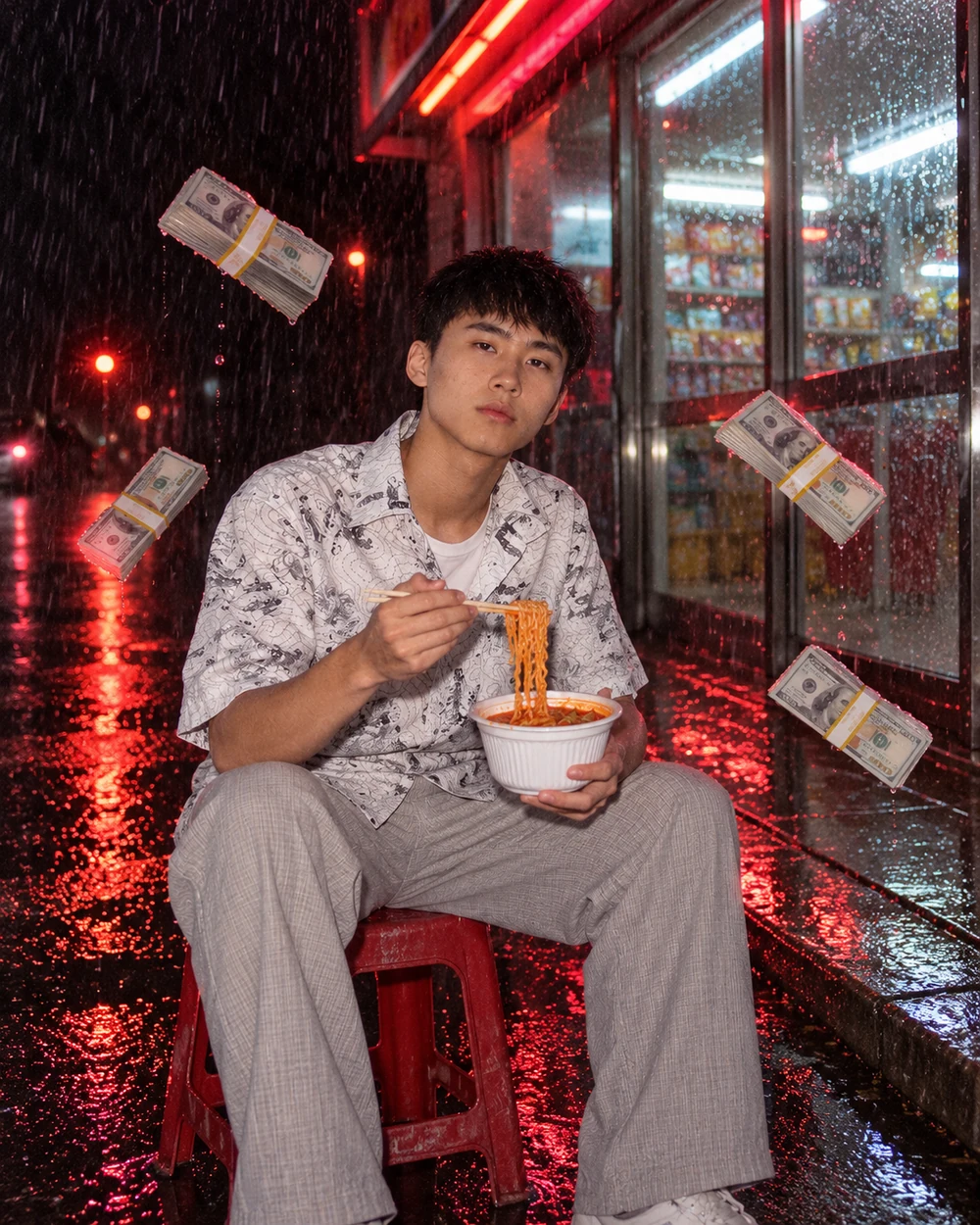 Kimchi Aura eating noodles outside a neon-lit convenience store